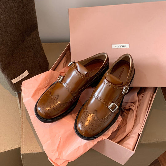 Damen elegante Schnürschuhe mit doppeltem Schnallenverschluss und perforiertem Obermaterial EB