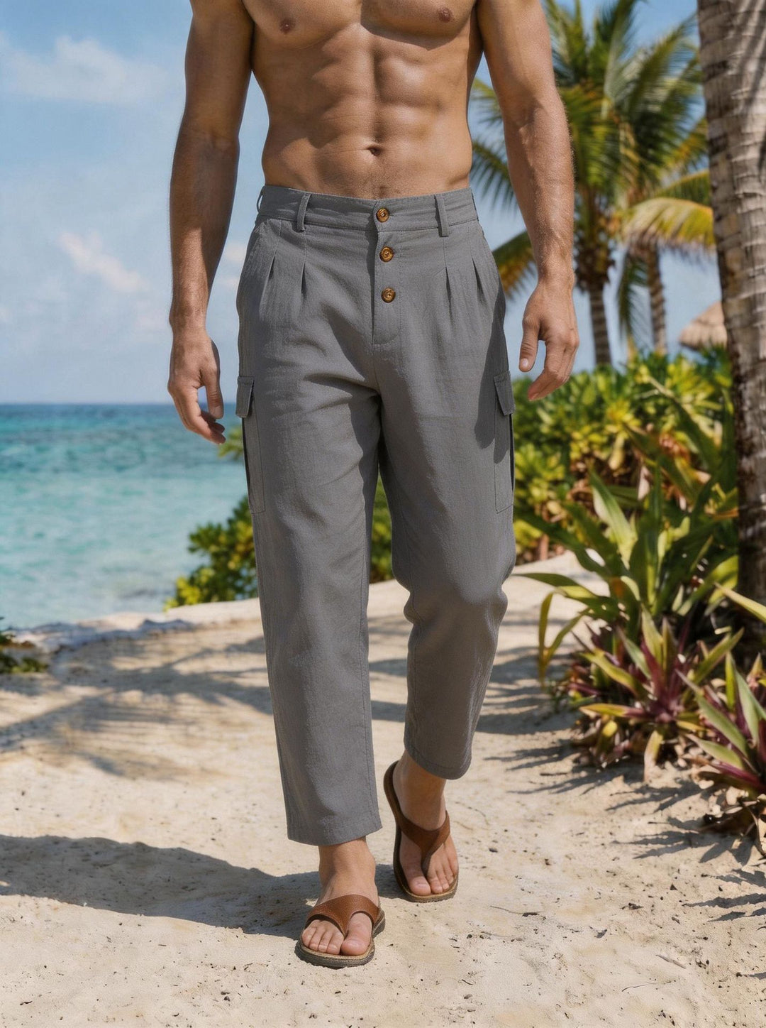 Herren nan Bundfalten-Cargohose mit Knopfverschluss, aufgesetzten Cargotaschen und gekürztem Bein EB