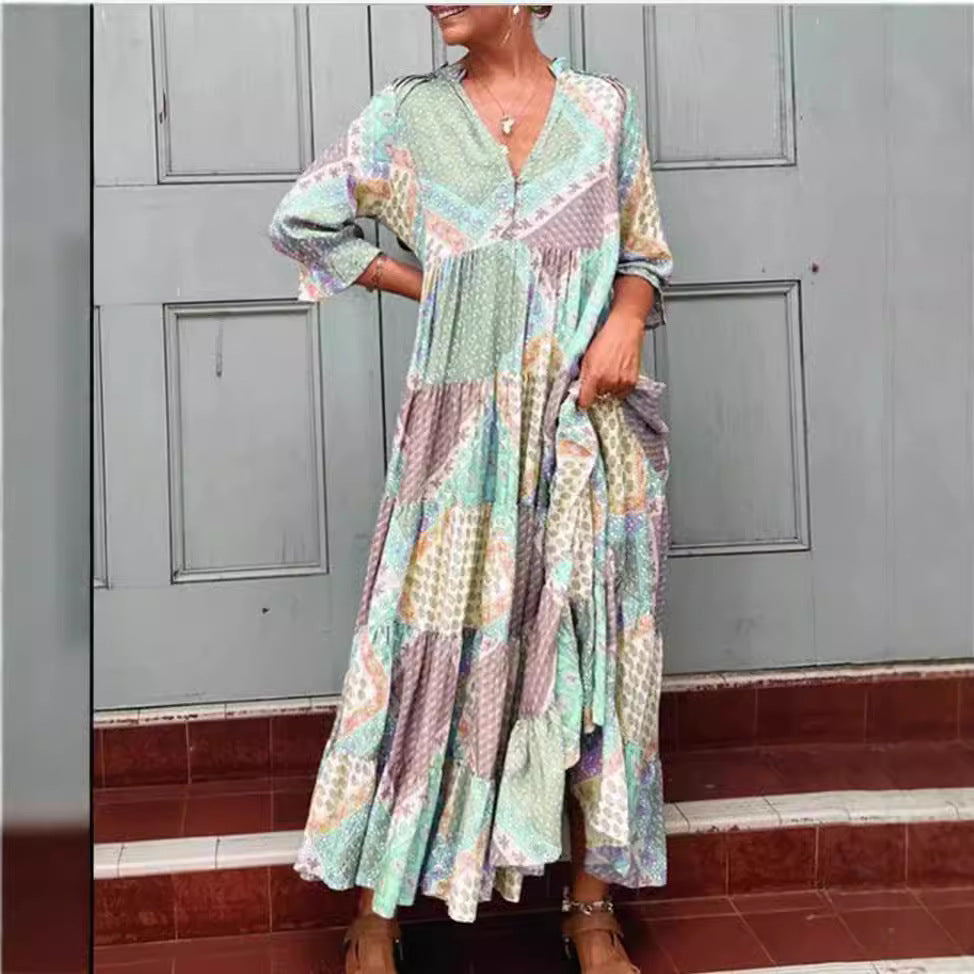 Damen nan luftiges Maxikleid im Patchwork-Boho-Stil mit V-Ausschnitt, gerafftem Oberteil und ausgestelltem Stufensaum EB
