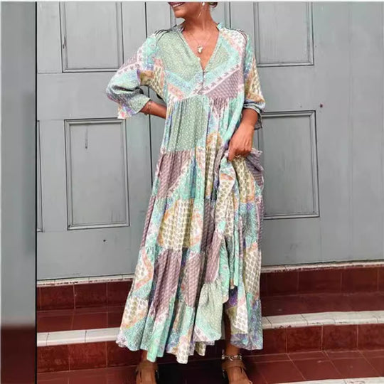 Damen nan luftiges Maxikleid im Patchwork-Boho-Stil mit V-Ausschnitt, gerafftem Oberteil und ausgestelltem Stufensaum EB