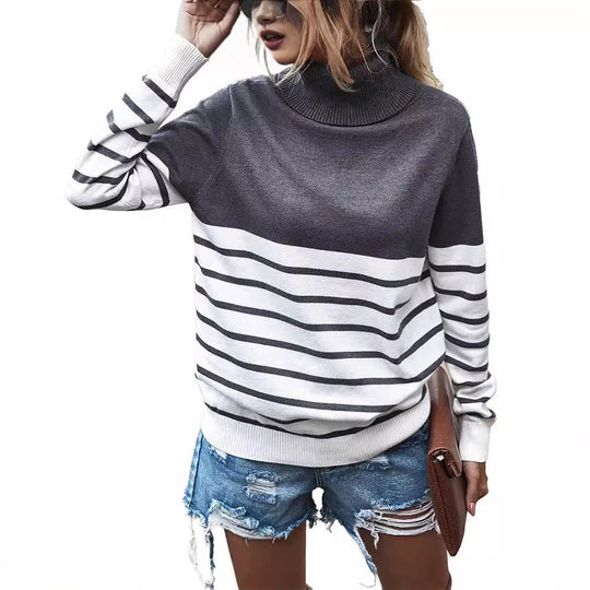 Damen Strickpullover mit einem modernen Hochkragen und breitem Streifenmuster EB
