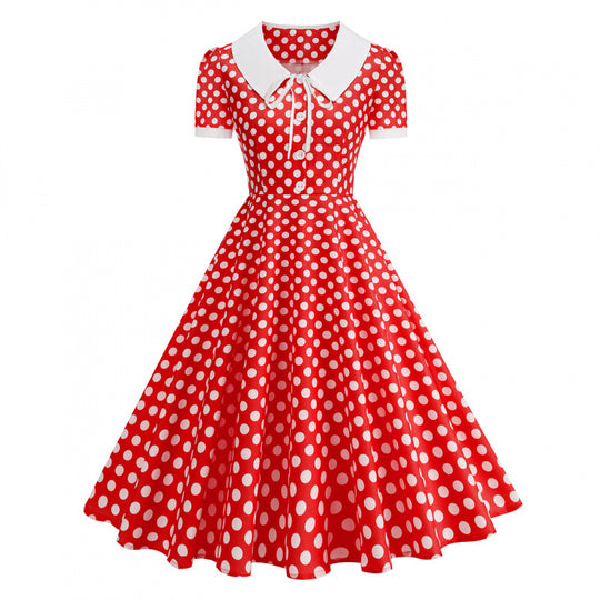 Damen Retro Maxikleid mit Kragen und Punkten EB