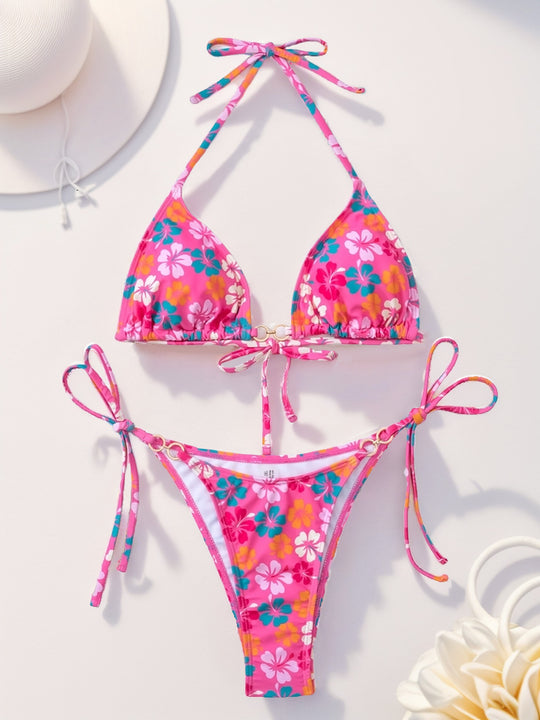 Damen Triangel-Bikini mit raffinierten Bindebändern und farbenfrohem Blumenmuster EB