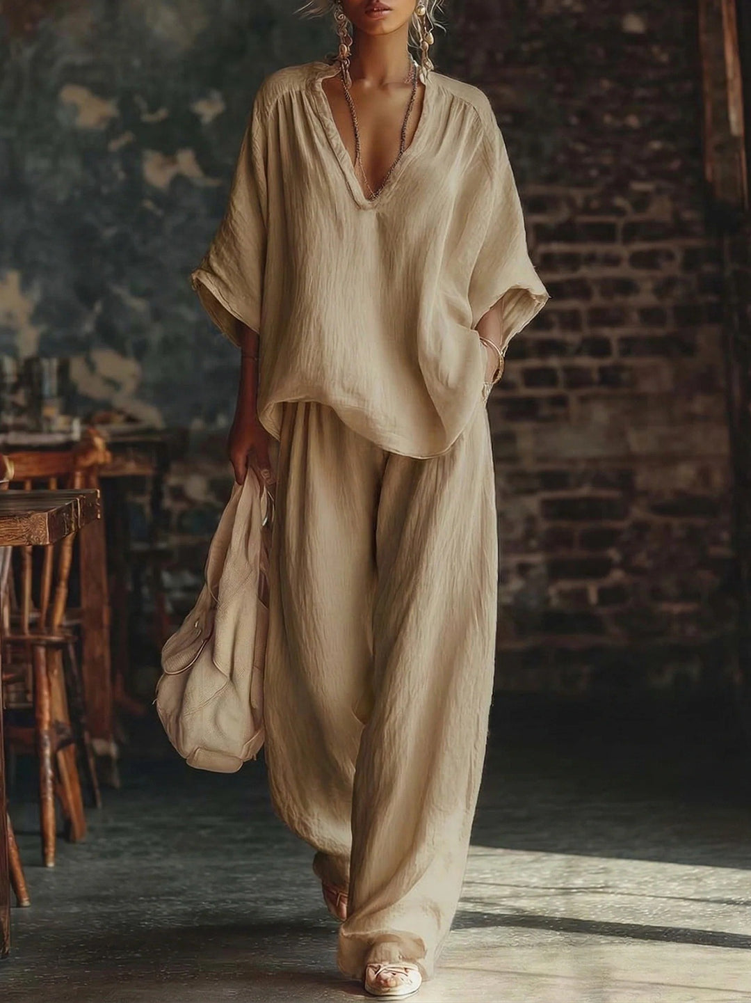 Damen nan lässiges zweiteiliges Leinenoptik-Set mit tiefem V-Ausschnitt, Oversize-Bluse und weitem Palazzo-Hosen EB