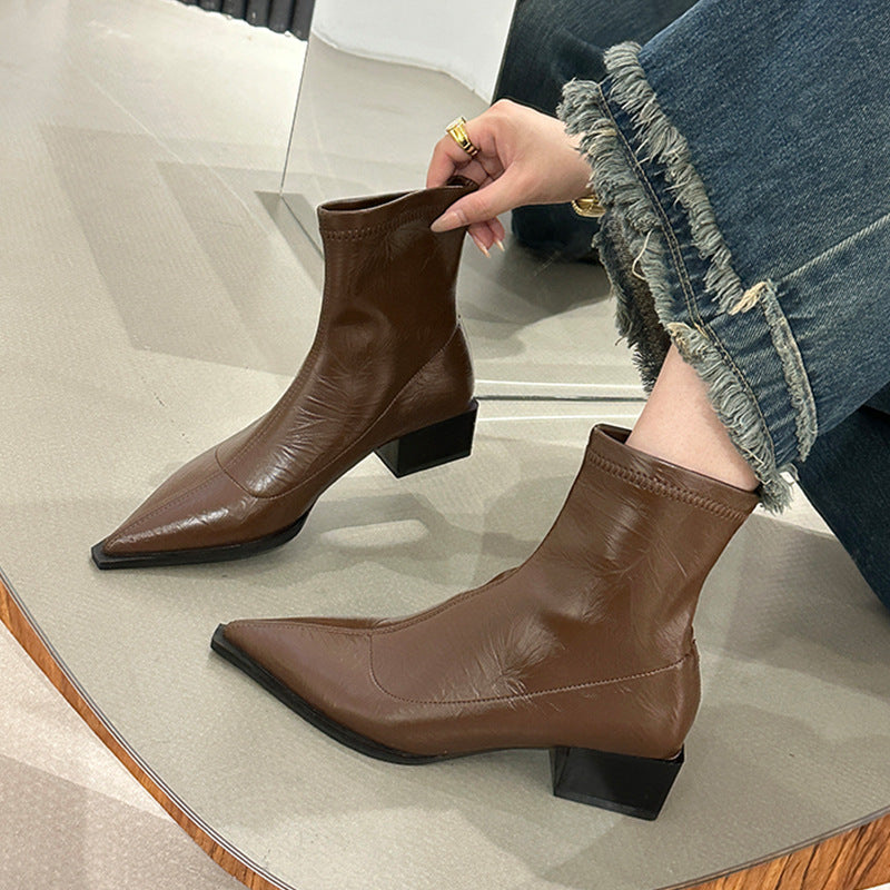 Damen elegante Stiefeletten mit spitzem Zehenbereich und Blockabsatz EB