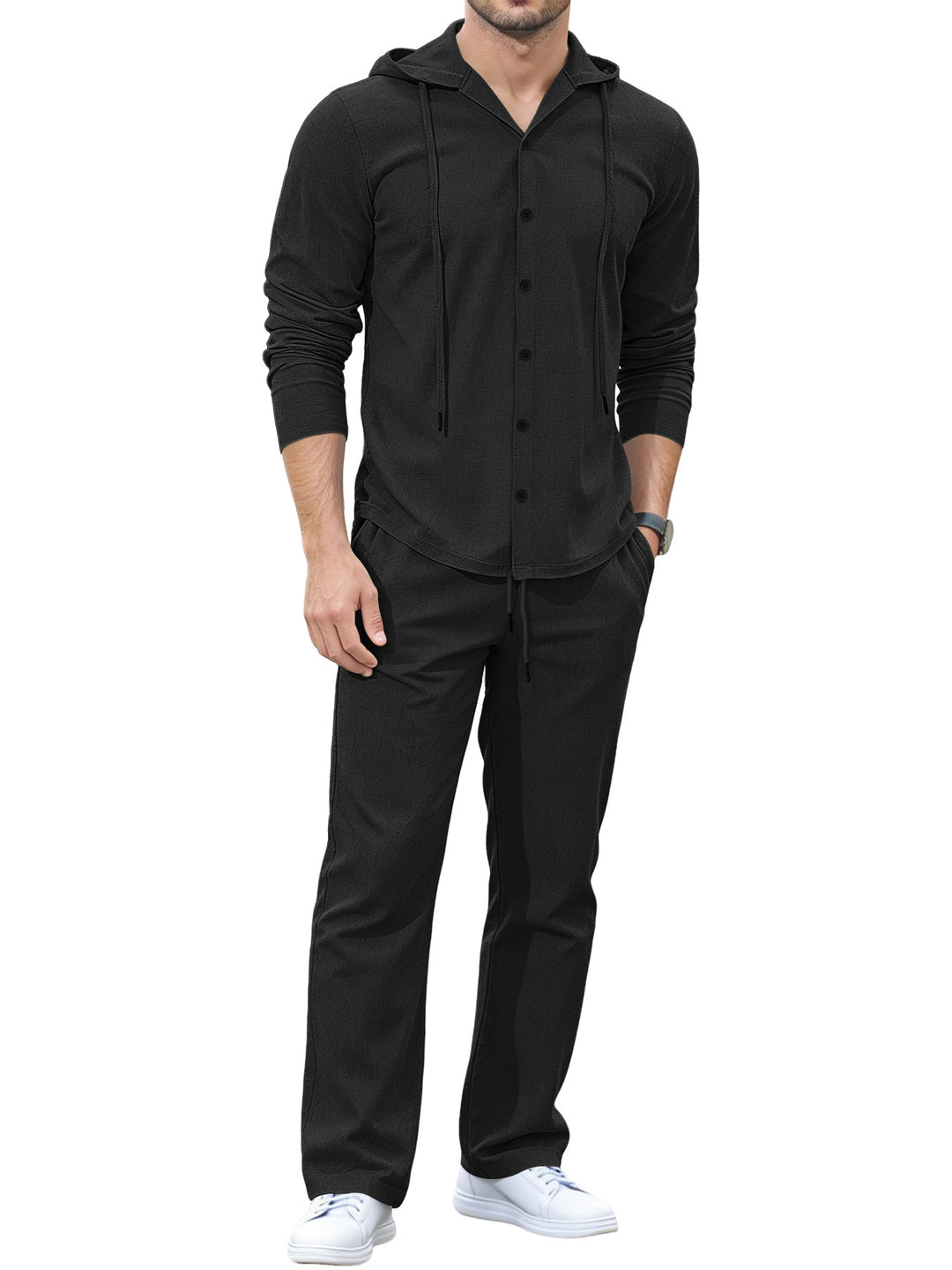 Herren Lässiges Knopf‑Hoodie Lounge‑Set aus Jersey mit Kordelzug und Komfort‑Jogger EB