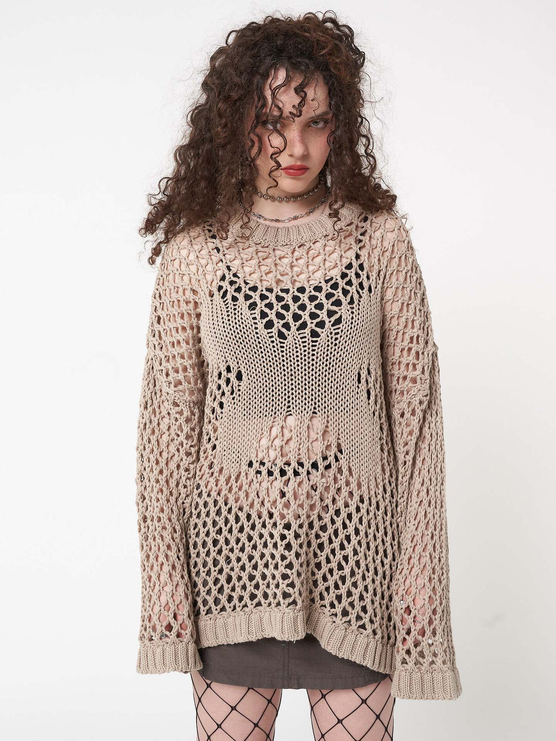 Damen luftiges Strick-Strandkleid mit transparentem Design und langen Ärmeln EB