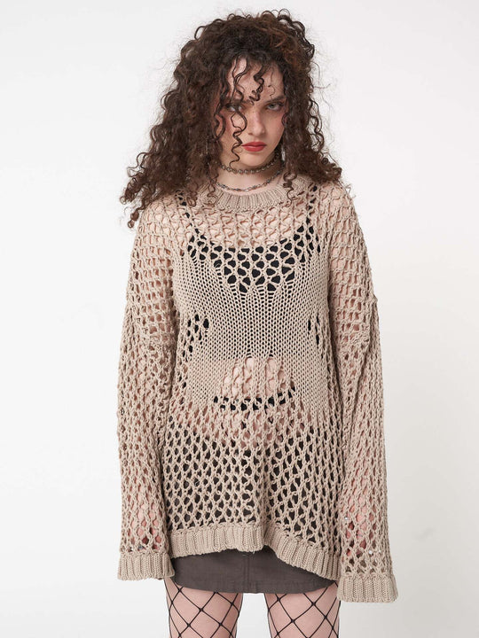 Damen luftiges Strick-Strandkleid mit transparentem Design und langen Ärmeln EB