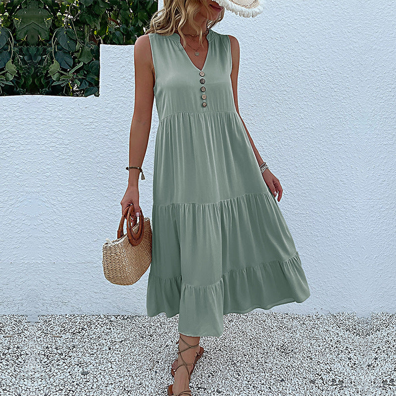 Damen Maxikleid mit Knopfdetail und voluminösem Rock EB