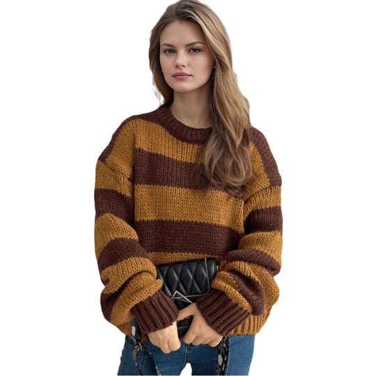 Damen Übergroßer gestreifter Strickpullover EB