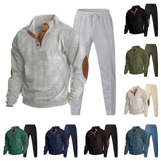 Herren Strukturiertes Henley-Loungewear-Set mit Ellenbogen-Patches & tapered Jogginghose EB