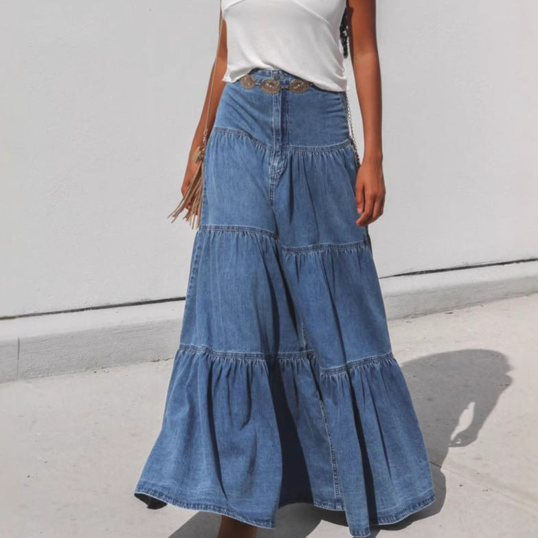Damen Denim Maxikleid im Boho-Stil mit voluminösem Rock und Rüschen EB