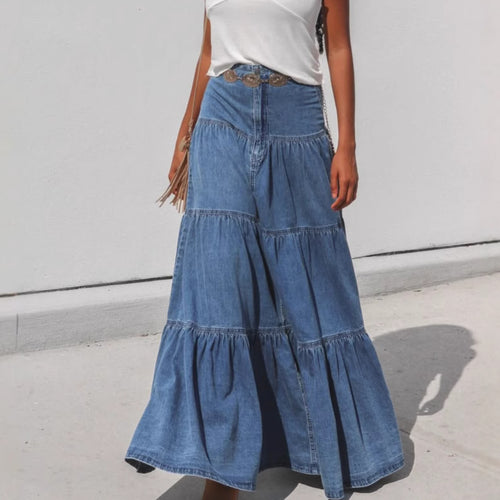 Damen Denim Maxikleid im Boho-Stil mit voluminösem Rock und Rüschen EB