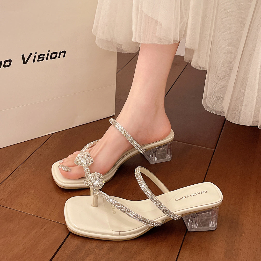 Damen Glitzernde High-Heels mit kunstvollen Verzierungen und transparentem Blockabsatz EB