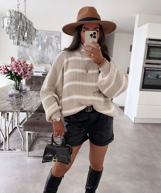 Damen gestreifter Oversized-Pullover mit modischem Rollkragen EB