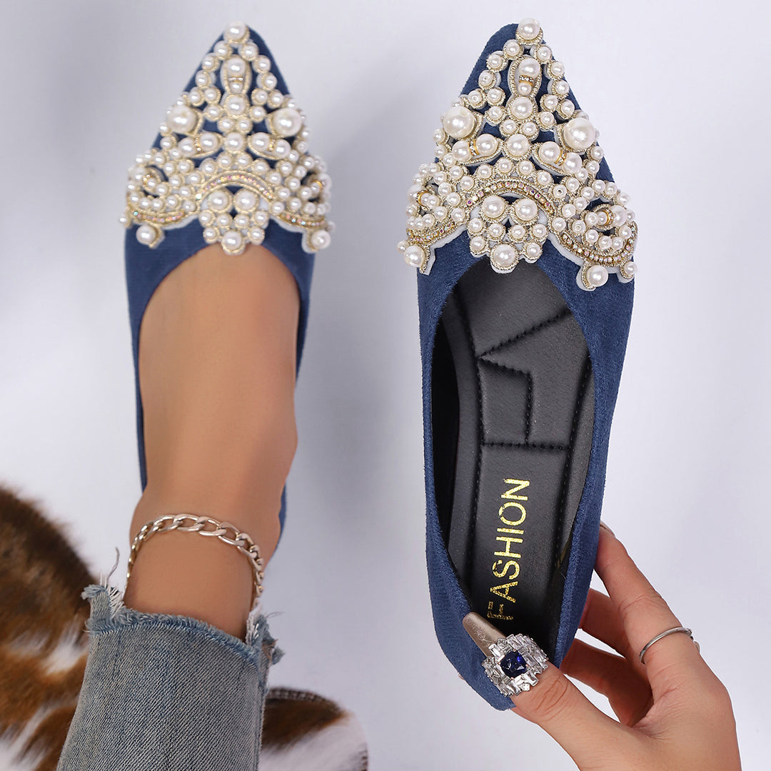 Damen elegante Ballerinas mit kunstvoller Perlenapplikation EB