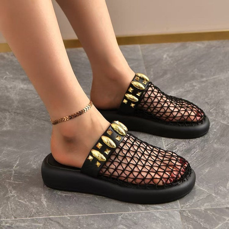 Damen Plateau-Pantoletten mit Netzdesign und Glitzerakzenten EB