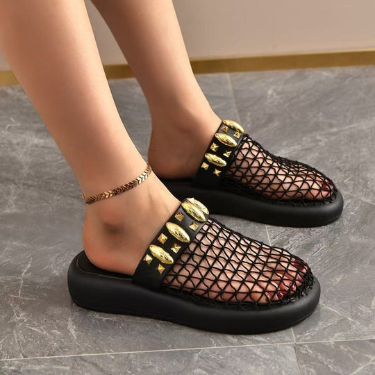 Damen Plateau-Pantoletten mit Netzdesign und Glitzerakzenten EB