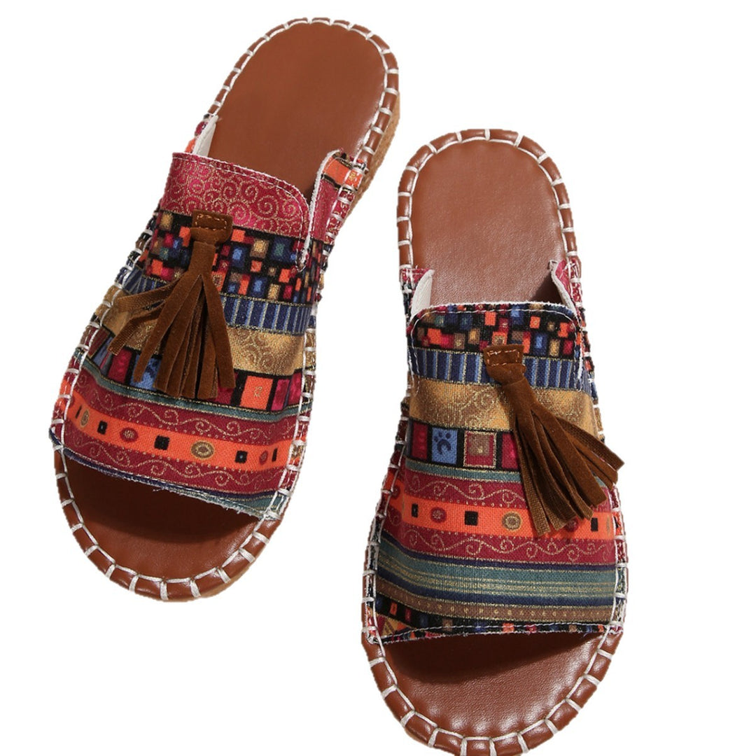 Damen lässige Riemchen-Sandalen mit buntem Ethno-Design und modischem Quasten-Detail EB