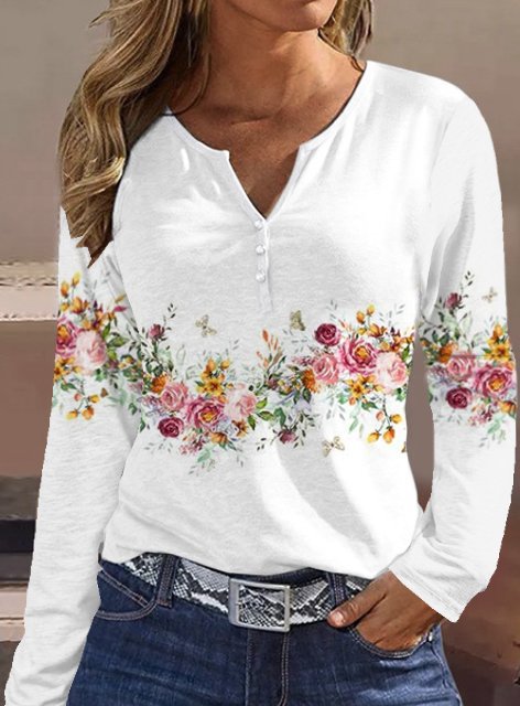 Damen Langarmshirt mit floralem Motiv und Knopfdetails EB