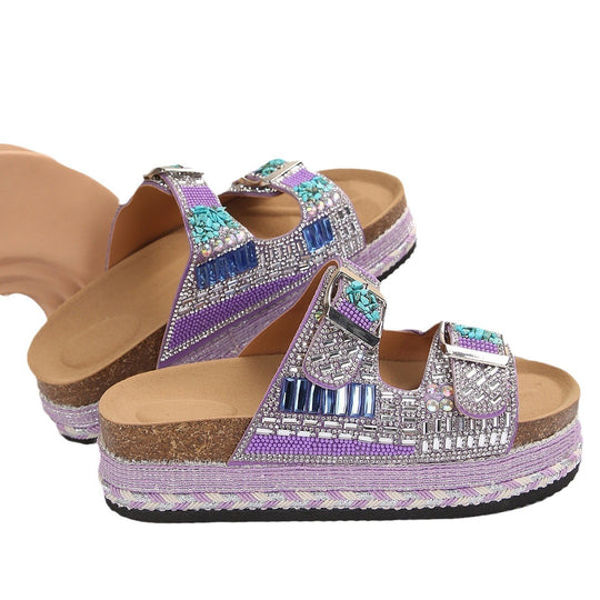 Damen bequeme Sandalen mit dekorativen Steinen und breiten Riemen EB