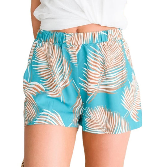 Damen luftige Strandshorts mit elastischem Bund und tropischem Blätterdesign EB