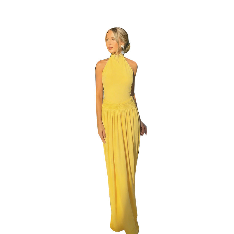 Damen elegantes Maxikleid mit hochgeschlossener Silhouette und fließendem Stoff EB
