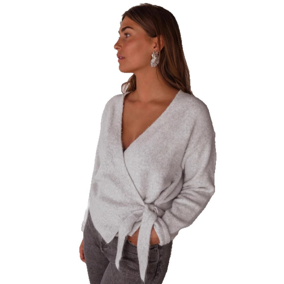Damen Wickelstrickjacke mit dekorativem Bindegürtel und lässigem Schnitt EB