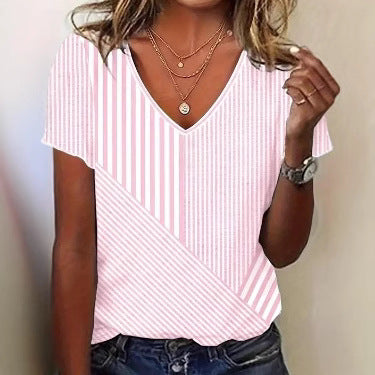 Damen V-Ausschnitt T-Shirt im modernen Streifen-Design Heidi-Mode