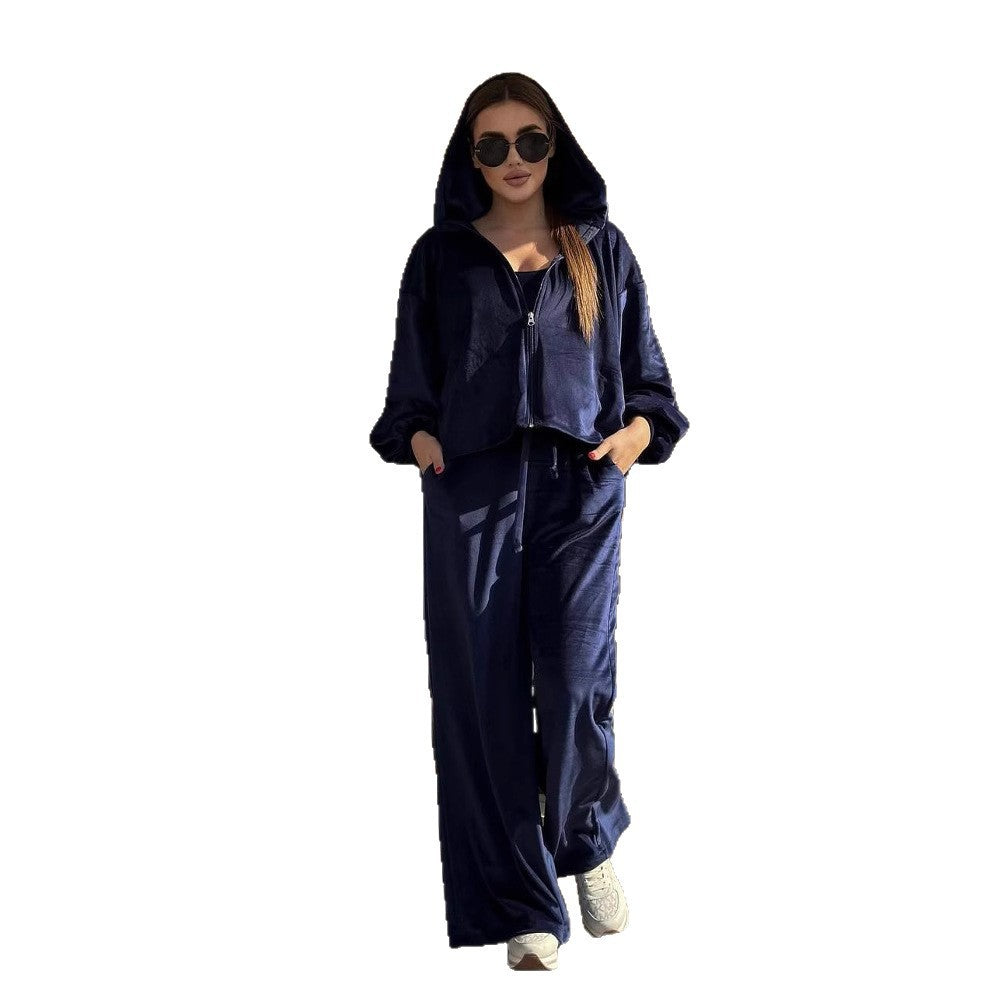 Damen Cropped Samt-Hoodie mit weitem Arm und High-Waist Jogginghose im Lounge-Set EB