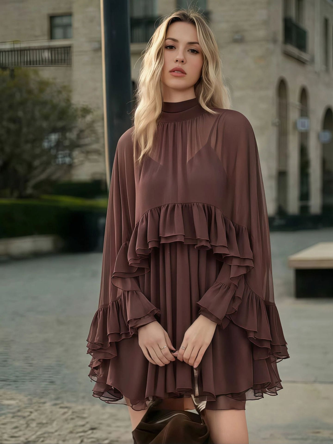 Damen Elegantes Rüschendress mit hochgeschlossenem Ausschnitt und fließendem Schnitt EB