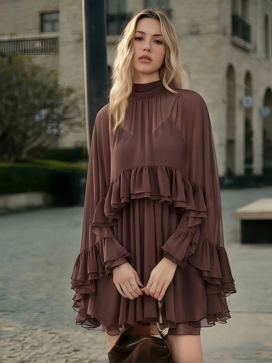 Damen Elegantes Rüschendress mit hochgeschlossenem Ausschnitt und fließendem Schnitt EB