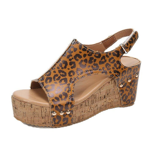 Damen Wedge-Sandalen mit leopardfarbenem Design und Kork-Kreativsohle EB