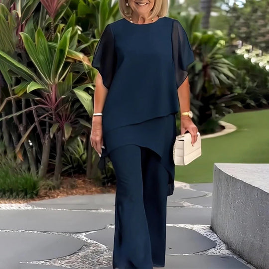 Damen elegantes Ensemble aus fließendem Oberteil und weitem Hose EB