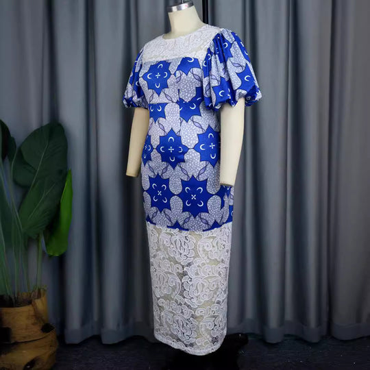Damen Elegantes Langarmkleid mit ausgefallenen Puffärmeln und Spitzenbesatz EB