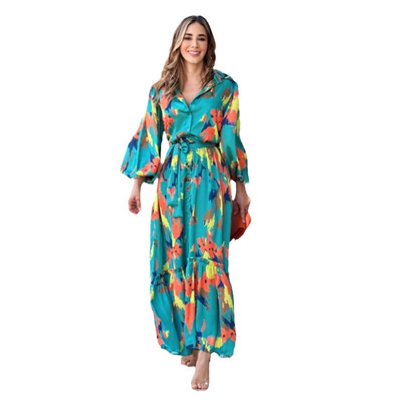 Damen Maxikleid mit floralen Akzenten und elegantem Gürtel EB
