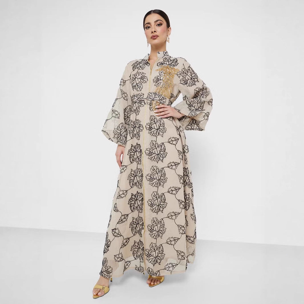 Damen Besticktes Maxikleid im Kaftan-Stil mit Reißverschluss, Taillengürtel und Ballonärmeln EB