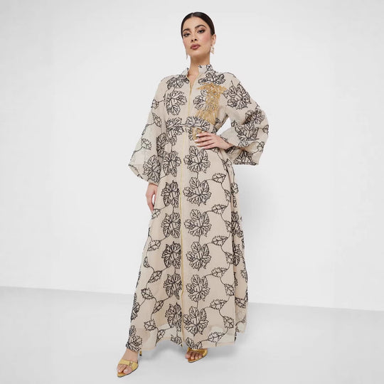 Damen Besticktes Maxikleid im Kaftan-Stil mit Reißverschluss, Taillengürtel und Ballonärmeln EB