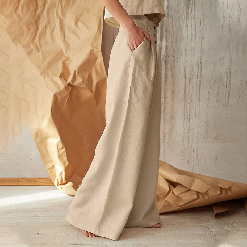 Damen nan weite Leinenhose mit hoher Taille und seitentaschen EB
