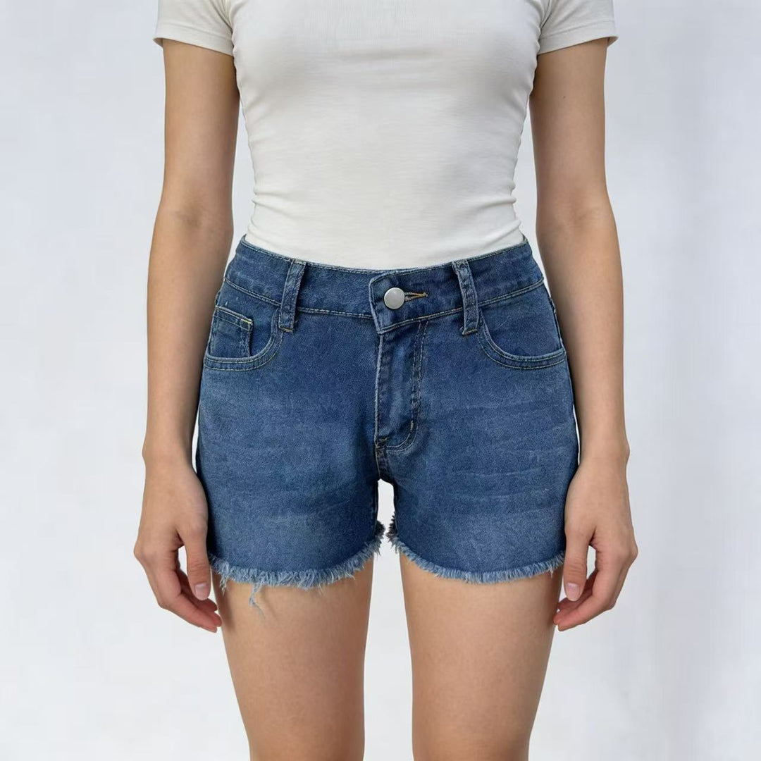 Damen lässige Jeansshorts mit ausgefranster Saumkante und hohem Bund EB