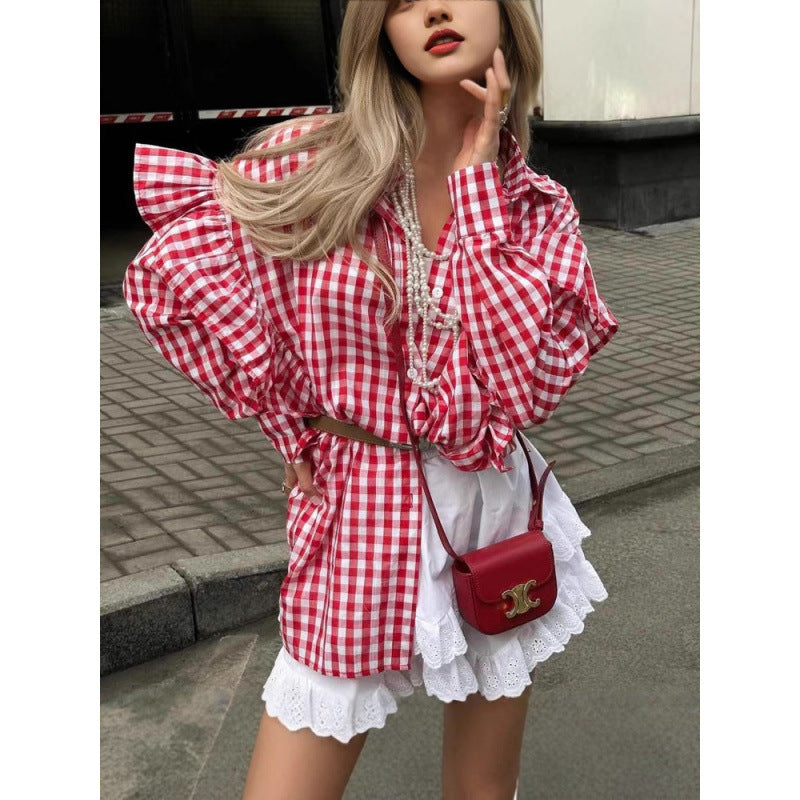 Damen Puffärmel Gingham Knopf-Down Hemd EB