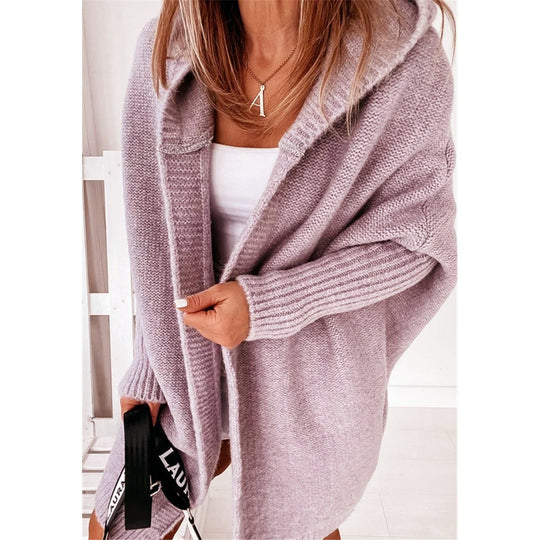 Damen Oversized Strickcardigan mit Kapuze und strukturiertem Design EB
