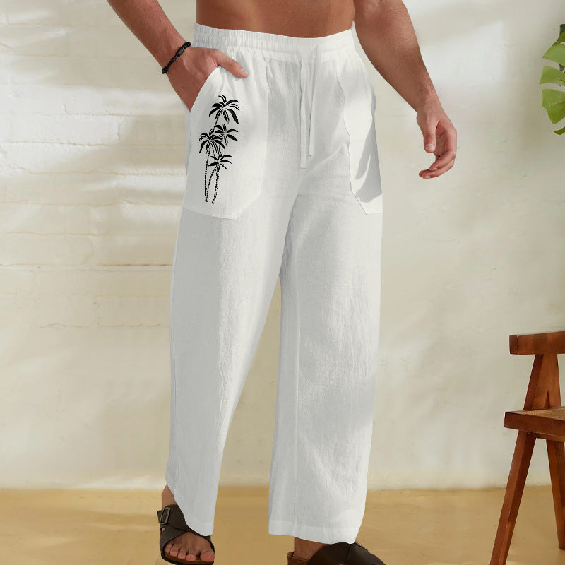 Herren Bequeme Leinenhose mit praktischem Kordelzug und Palmendruck EB