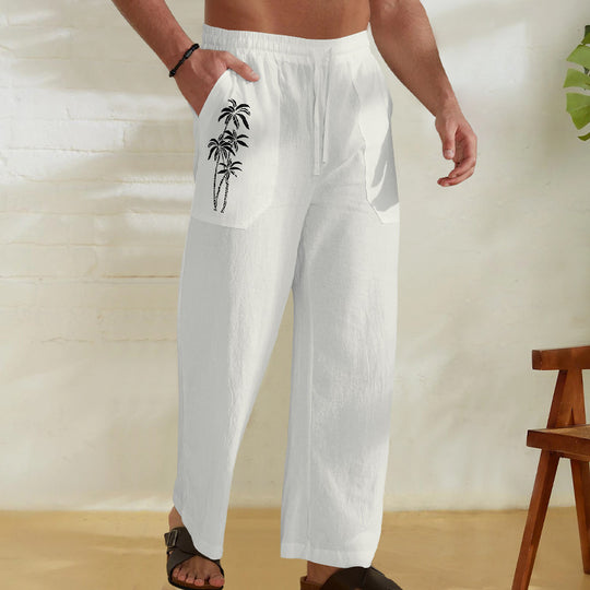 Herren Bequeme Leinenhose mit praktischem Kordelzug und Palmendruck EB