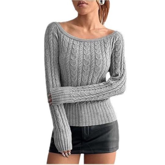 Damen Grobstrick Pullover mit offener Schulterpartie und Zopfmuster EB
