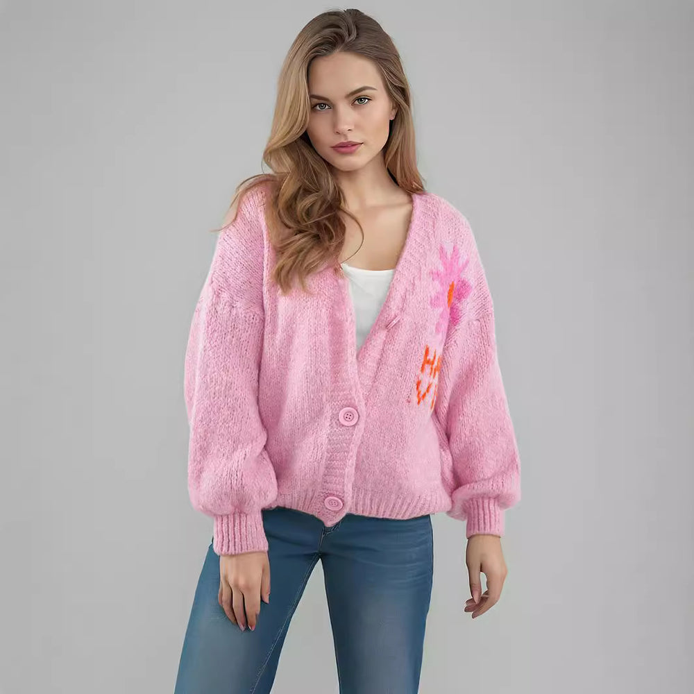 Damen gemütlicher Strickcardigan mit floralem Design und modernen Knopfdetails EB