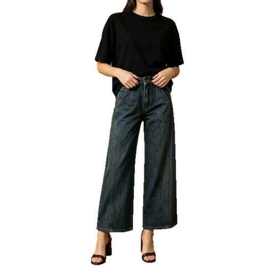 Damen nan hohe Taille Plissée Wide-Leg-Denimhose mit verkürztem Bein und dekorativen Vorderfalten EB