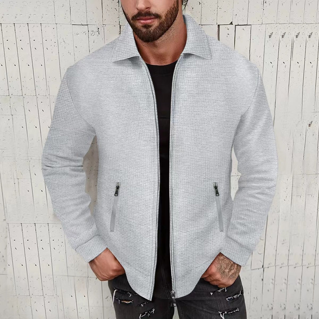 Herren nan minimalistische Stehkragen-Feinstrick-Übergangsjacke mit Zwei-Wege-Reißverschluss und verdeckten Reißverschlusstaschen EB
