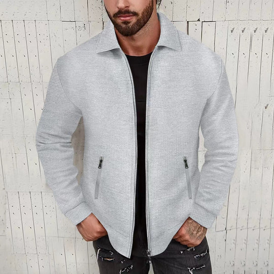 Herren nan minimalistische Stehkragen-Feinstrick-Übergangsjacke mit Zwei-Wege-Reißverschluss und verdeckten Reißverschlusstaschen EB