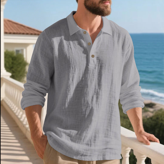 Herren lässiges Langarm-Polohemd mit strukturierten Details und hochwertigen Knöpfen EB
